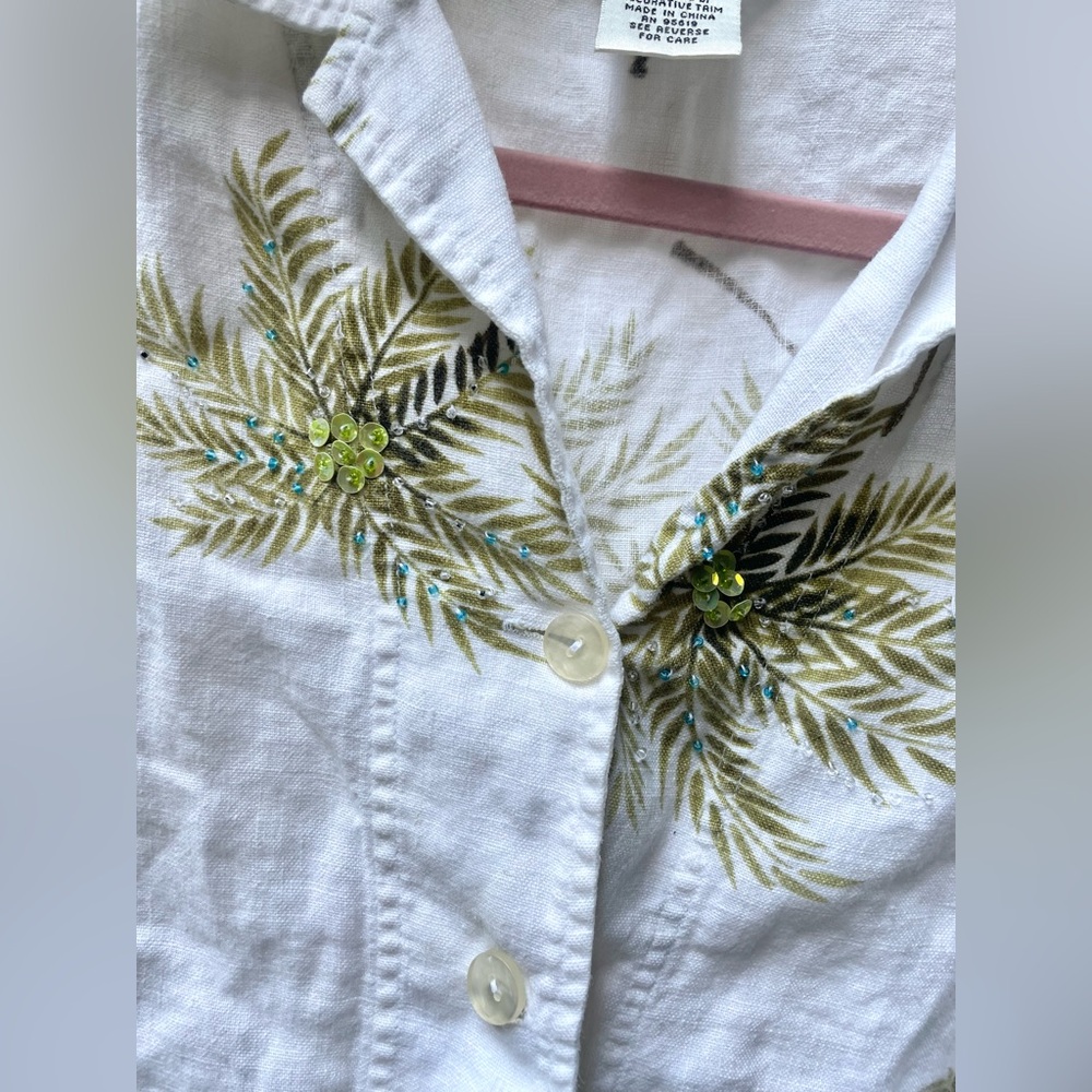 JohnPaulRichard White sequin palm tree Button-Down Shirt 100% pure linen - Picture 2 of 3